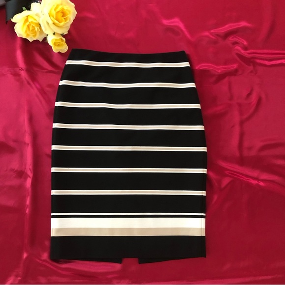White House Black Market (WHBM) Tan and White Stripped Black Ponté Pencil Skirt - Picture 4 of 10